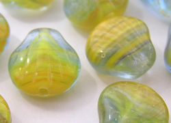  --CLEARANCE--  czech hurricane glass 9mm x 9mm x 5mm striped blue, yellow & green shell bead (pp50) 