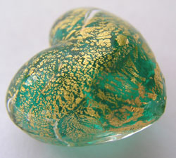  venetian murano sea foam green glass over 24k gold foil 19mm x 18mm x 12mm heart bead *** QUANTITY IN STOCK =11 *** 