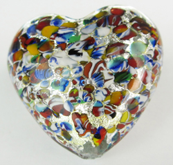  venetian murano clear over multi coloured speckles of glass and sterling silver foil 35mm heart bead *** QUANTITY IN STOCK =3 *** 