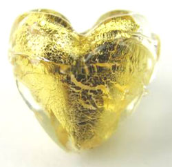  venetian murano clear glass over 24k gold foil 8mm x 8mm x 6mm heart bead *** QUANTITY IN STOCK =33 *** 