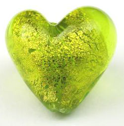  venetian murano lime green glass over 24k gold foil 10mm heart bead *** QUANTITY IN STOCK =18 *** 
