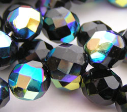  czech jet ab firepolished 10mm faceted round glass bead (41ps) 