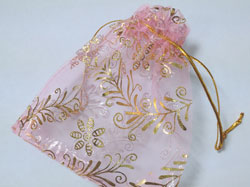  pink with gold leaves organza 120mm x 100mm drawstring jewellery gift pouch / bag 