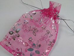  pink with silver flowers organza 160mm x 110mm drawstring jewellery gift pouch / bag 