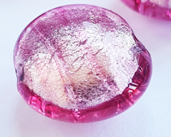  venetian murano rubino pink glass over white gold foil 11mm x 8mm puffed lentil bead *** QUANTITY IN STOCK =50 *** 
