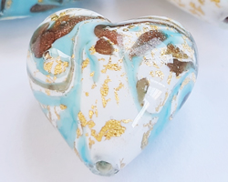  venetian murano marbled turquoise and ivory glass with 24k gold and aventurina 22mm heart bead *** QUANTITY IN STOCK = 24 *** 