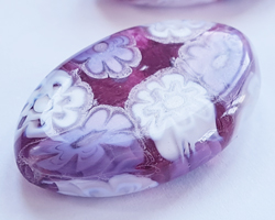  venetian murano amethyst glass with white and purple / lilac millefiori 30mm x 18mm x 7.5mm oval bead *** QUANTITY IN STOCK =8 *** 