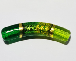  venetian murano banded peridot and emerald green glass over 24k gold foil 35mm x 7mm curved tube bead *** QUANTITY IN STOCK =30 *** 