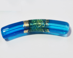  venetian murano banded aquamarine blue glass over 24k gold foil 35mm x 7mm curved tube bead *** QUANTITY IN STOCK =24 *** 