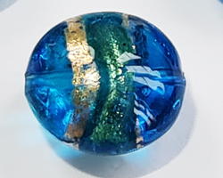  venetian murano aquamarine glass over 24k gold foil 16mm x 16mm x10mm banded puffy disc bead  *** QUANTITY IN STOCK =12 *** 
