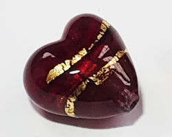  venetian murano ruby red glass over 24k gold foil 13mm x 13mm x 9mm banded heart bead  *** QUANTITY IN STOCK =20 *** 