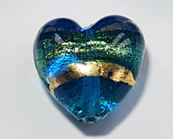  venetian murano aquamarine glass over 24k gold foil 13mm x 13mm x 9mm banded heart bead  *** QUANTITY IN STOCK =20 *** 