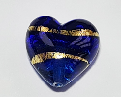  venetian murano cobalt blue glass over 24k gold foil 13mm x 13mm x 9mm banded heart bead  *** QUANTITY IN STOCK =20 *** 