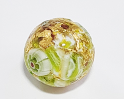  venetian murano opaque green glass with exposed gold foil and green flower14mm basilica round bead *** QUANTITY IN STOCK = 30  *** 