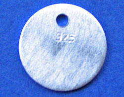  sterling silver, brushed satin finish, 9mm diameter x aprox 0.7mm thick tag 