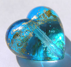  venetian murano aquamarine glass over 24k gold foil 19mm x 18mm x 12mm heart bead *** QUANTITY IN STOCK =7 *** 