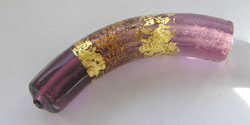  venetian murano banded amethyst glass over 24k gold foil 35mm x 7mm curved tube bead *** QUANTITY IN STOCK =26 *** 