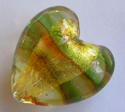  venetian murano abstract greens glass over 24k gold foil 32mm x 30mm x 17mm heart bead *** QUANTITY IN STOCK =4 *** 