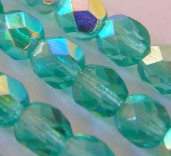  string of czech aqua ab 6mm firepolished round glass beads - approx 68 beads per string 