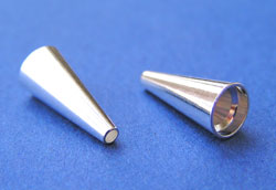  silver plated, nickel free, 12.3mm x 5.6mm plain end cone, hole at narrowest point is 0.7mm, at widest point is 4.8mm 