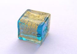  venetian murano aqua glass over 24k gold foil 10mm cube bead  *** QUANTITY IN STOCK =14 *** 