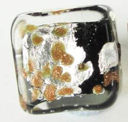  venetian murano clear glass over black glass with aventurina and 24k gold foil 10mm cube bead *** QUANTITY IN STOCK =3 *** 