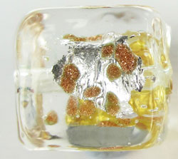  venetian murano clear glass over aventurina and 24k gold foil 10mm cube bead *** QUANTITY IN STOCK =6 *** 