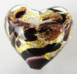  venetian murano marbled chocolate and ivory glass with 24k gold and aventurina 13mm heart bead *** QUANTITY IN STOCK = 8 *** 