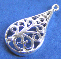  sterling silver 15mm x 8.25mm delicate filligree drop / charm - hole at top 0.65mm (does accept 22 gauge wire) 