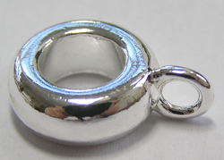  silver plated rondelle style sliding bail, slides over most screw-ended charm bead bracelets - allows addition of drops - tube is 5mm wide, 12mm diameter, hole is approx 6.6mm, attached ring approx 2.7mm internal diameter 