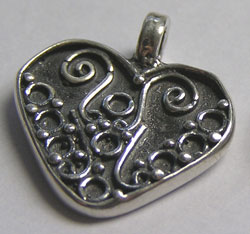 sterling silver 18mm x 16mm decorated heart charm / pendant with integral ring having 3mm internal diameter