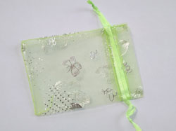  small lime green with silver butterflies organza 95mm x 70mm drawstring jewellery gift pouch / bag 