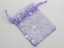  small lilac with silver leaves / flowers organza 90mm x 70mm drawstring jewellery gift pouch / bag 