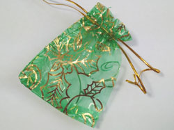  green with gold leaves organza 90mm x 70mm drawstring jewellery gift pouch / bag 