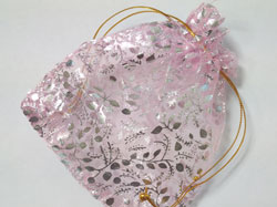  pink with silver leaves organza 115mm x 100mm drawstring jewellery gift pouch / bag 
