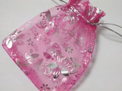 pink with silver flowers organza 120mm x 100mm drawstring jewellery gift pouch / bag 