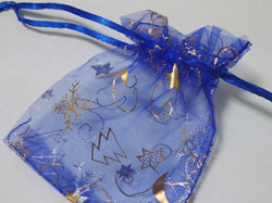  blue with silver & gold christmasy shapes organza 120mm x 100mm drawstring jewellery gift pouch / bag 