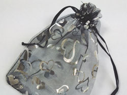  black with silver hearts organza 160mm x 115mm drawstring jewellery gift pouch / bag 