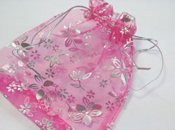  pink with silver flowers organza 170mm x 145mm drawstring jewellery gift pouch / bag 