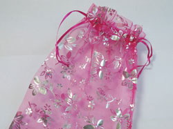  pink with silver flowers organza 250mm x 170mm drawstring jewellery gift pouch / bag 