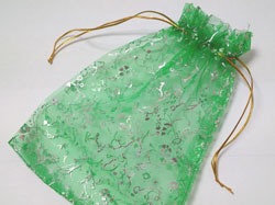  green with silver flowers organza 200mm x 160mm drawstring jewellery gift pouch / bag 