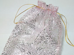  pink with silver leaves organza 250mm x 180mm drawstring jewellery gift pouch / bag 