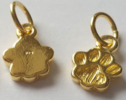  --CLEARANCE-- vermeil 12mm x 9mm pawprint charm with attached loop having 1.5mm internal diameter and also 7mm diameter closed jumpring [vermeil is gold plated sterling silver] 