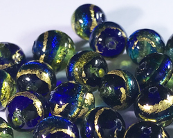  venetian murano bicolour fused peridot and cobalt glass with 24k banded gold foil 6mm round bead *** QUANTITY IN STOCK =46 *** 