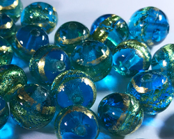  venetian murano aquamarine glass with 24k banded gold foil 6mm round bead *** QUANTITY IN STOCK =59 *** 